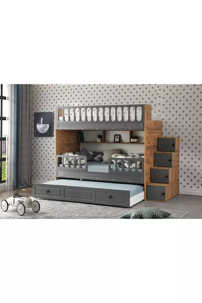 Lits superposés avec volets / Pin-anthracite / Installation gratuite / 3 zones de couchage avec escalier à rangement / 100 % MDF
