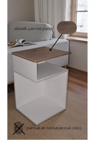 Minimalist Modern Komodin (×× cm) – Soft Beyaz & Atlantik Çam – Yan Sehpa / Kitaplık – Demonte