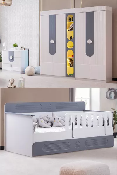 Flora Children's Room Set, Flora Junior Bed, Vira 4-Door Wardrobe, Dresser, Bookshelf - Gray