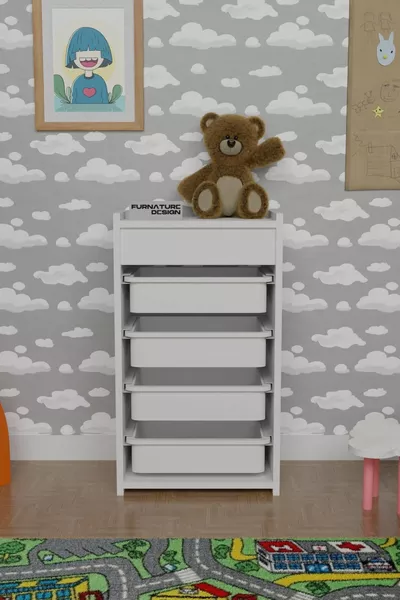 Бял шкаф за играчки с 4 кошници, многофункционален кухненски шкаф за зеленчуци - бял