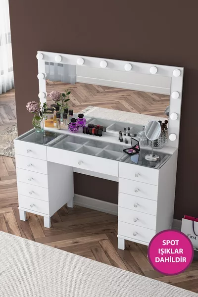 Rani Hollywood Lighted Mirror Dressing Table with Drawers Jewelry Organizer White