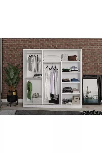 Armoire blanche Samira en MDF avec portes coulissantes et miroir, 3 portes