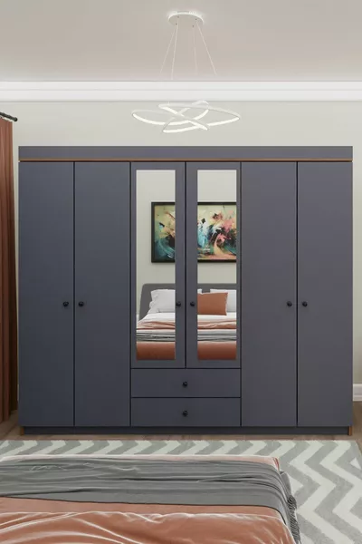 GM  ARMİNA Armoire 6 portes 2 tiroirs avec miroir, couleur noyer anthracite gris, poignées boutons