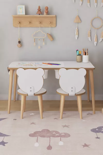 Tekentafel met Papierrol voor Kinderen, Speeltafel met Activiteiten, 2 Stoelen en Lade - Panda