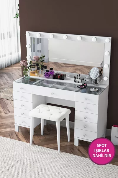 Rani Hollywood Lighted Mirror Dressing Table with Drawer Jewelry Organizer Pouf Set White