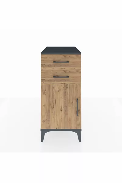 Comodino Kronos con 1 Ripiano, 2 Cassetti e 1 Anta Antracite-Pino