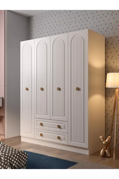 Armoire blanche élégante et raffinée Bohem à 4 portes et 2 tiroirs en MDF