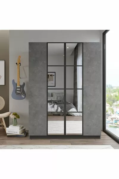 New Home 4-türiger Spiegelschrank mit Schubladen Kleiderschrank Beton -rg