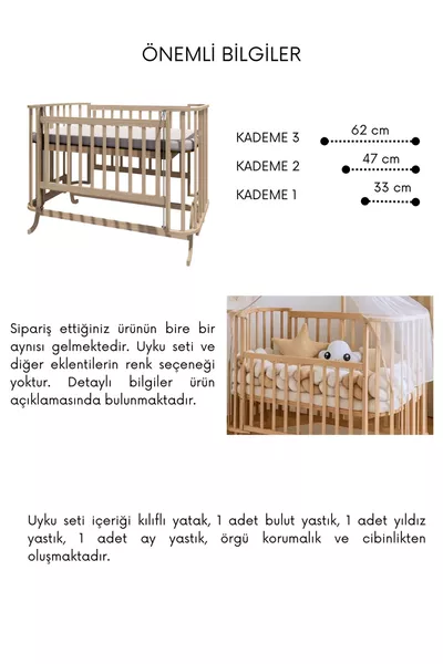 Natürliches Holz Mabela Beistellbett für Mütter, Ecru mit Strickschutz, mit Aufzug, 0-5 Jahre, Schaukelbar, 3 Stufen