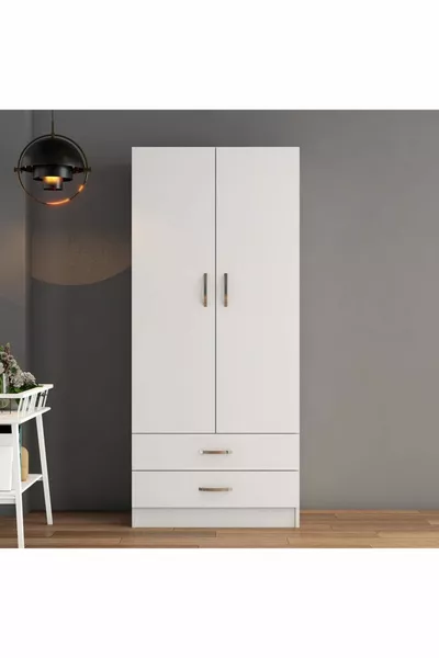 2-türiger, zweischubladiger, großer Kleiderschrank Weiß - 