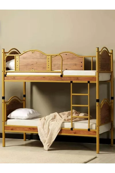 Chambre d'enfant Argimo Avangard avec lit superposé en métal et tête de lit en bois, couleur noyer