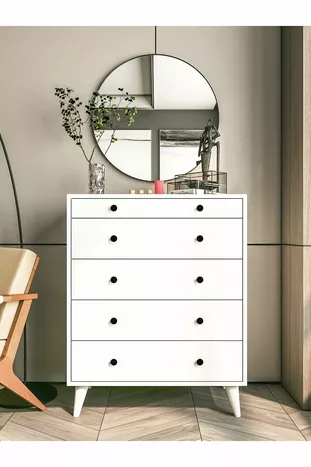 Commode Blanche Brillante 5 Tiroirs Country Commode Chevet en Bois