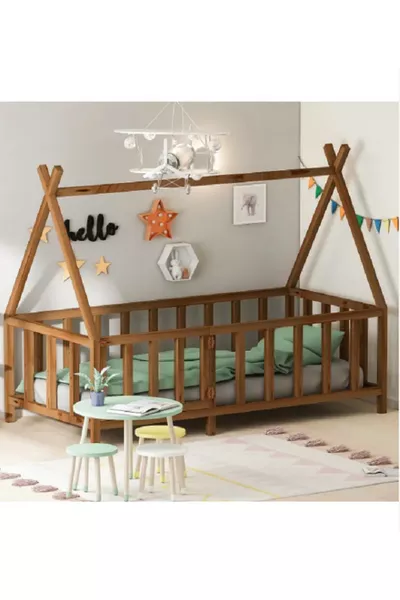 JOY MONTESSORI CHILDREN'S BED WITH WALNUT DOOR AND ROOF