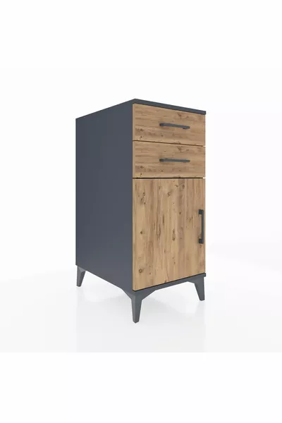 Comodino Kronos con 1 Ripiano, 2 Cassetti e 1 Anta Antracite-Pino