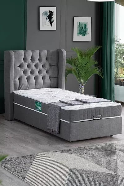 Riga Single Bed Base Headboard Comfort Mattress Set, Gray