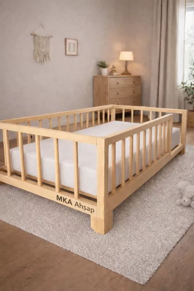 MKA Wooden Round Slatted Montessori Baby and Kid Cot, Can Be Used With or Without Legs