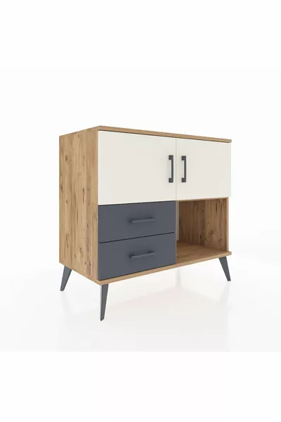 Commode Hyperion 2 étagères 2 tiroirs 2 portes Pin-Marbre/Anthracite