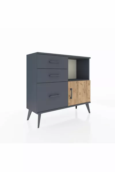 Comò Arges con un Ripiano, 3 Cassetti e una Porta, Antracite-Pino/Antracite