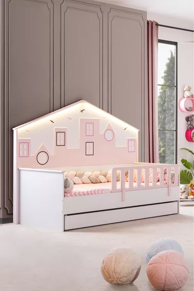 Montessori Bed with Storage, City Montessori Bed with Headboard and Guardrail - Pink