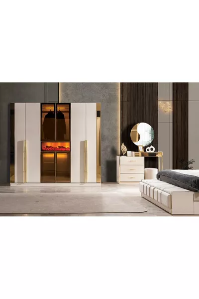 Bedroom Set with Fireplace % MDF (Includes Bed Base and Bench as Gift)