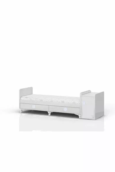 Weißes Babybett mit Schrank, verstellbar, schaukelnd + graues Schlafset als Geschenk