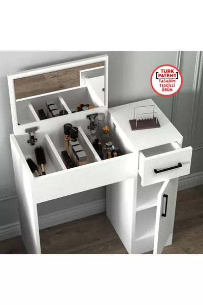 Pearl White Mirrored Vanity Table – With Drawers, Cabinet & Stylish Design