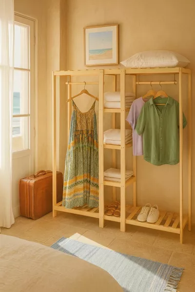 Armoire ouverte en bois avec 2 tringles  cm Armoire polyvalente en bois de pin massif à  %
