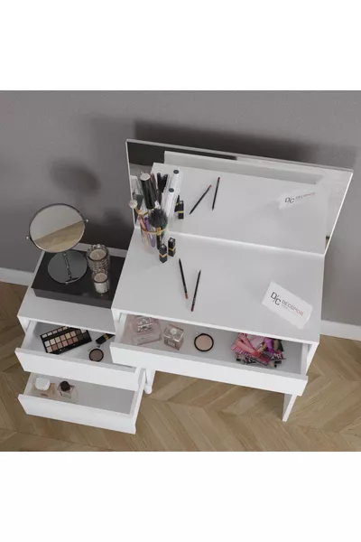Tavolo da trucco Viola con 3 cassetti e specchio, bianco