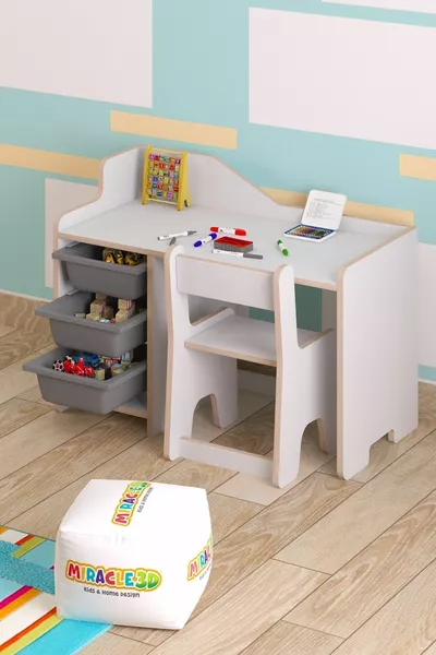 Children's Study Desk  Cm 3-Basket Children's Study Desk with Chair with Backrest