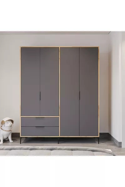 Armoire Aden anthracite complet à 4 portes avec tiroirs, penderie, armoire avec étagères