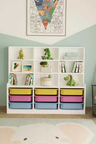 Armoire de jouets polyvalente Sinous à 9 paniers, colorée