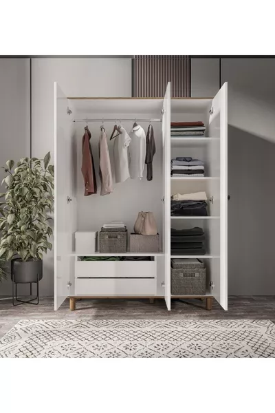 Armoire bohème avec miroir, 3 portes et 2 tiroirs, armoire à vêtements blanche - MDF de première qualité