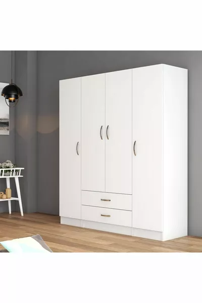 Armadio ampio a 4 ante con 2 cassetti Bianco - 