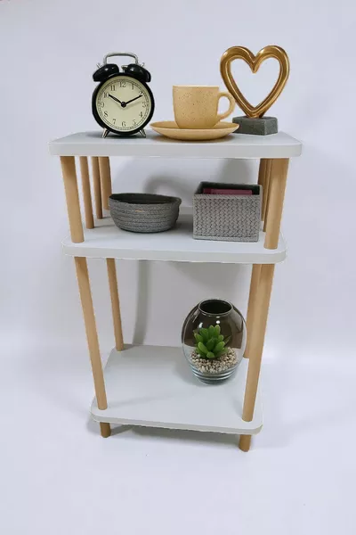 High Side Table White Nightstand 3-Tier Flip-Open Custom Design Wooden Legs