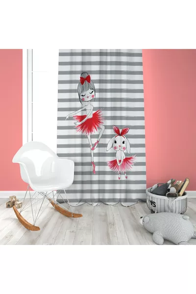 Set Camera per Bambina Ballerina con Strisce Grigie (Tenda, Copriletto e Cuscini - Tappeto)