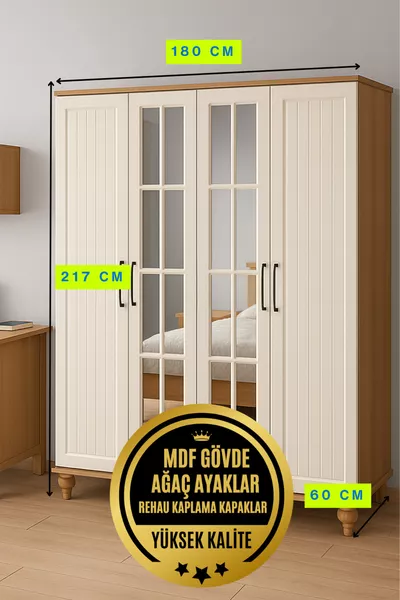 Armadio Nefes in MDF a 4 Ante con Cassetti | Rivestimento Rehau | Piedi in Legno di Farnia | Struttura Robusta