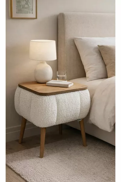 Lina Sandıklı Nightstand, Modern Nightstand with Teddy Fabric Upholstery and Wooden Legs