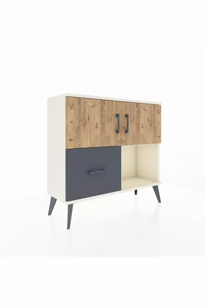 Commode Arges à 2 étagères, 1 tiroir, 2 portes, Pierre de lune-Pin/Anthracite