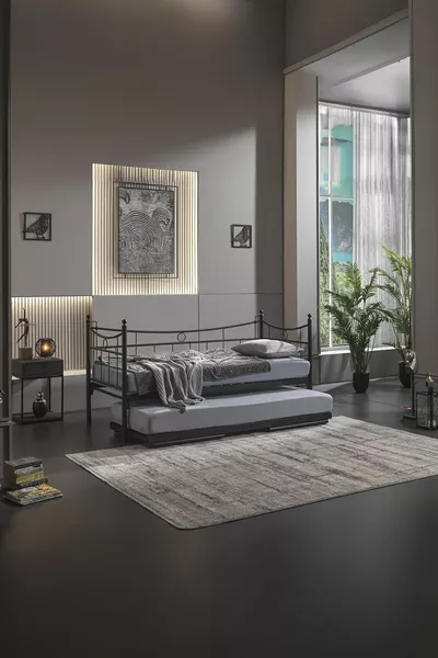 Daily Yavrulu Daybed Single-Double Bed Metal Bed Frame Mattress Set Black