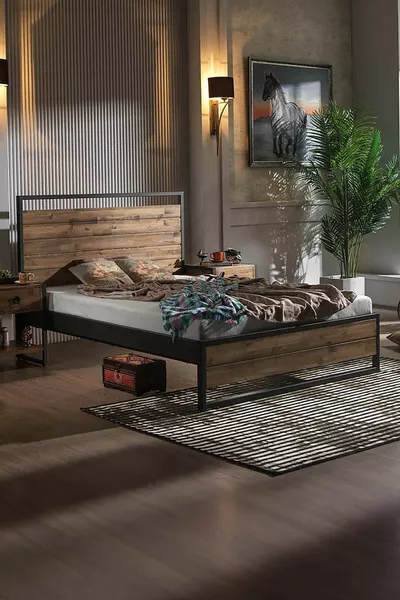 Ariane Wooden Double Bed Metal Frame Black (WOODEN SLATS)