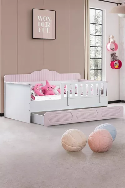 Bed with Drawers, Flower Montessori Bed with Drawers - Pink