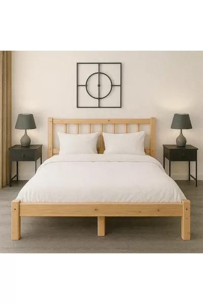 Natural Solid Wood Round Slatted Headboard Bed Frame Natural Wood COLOR