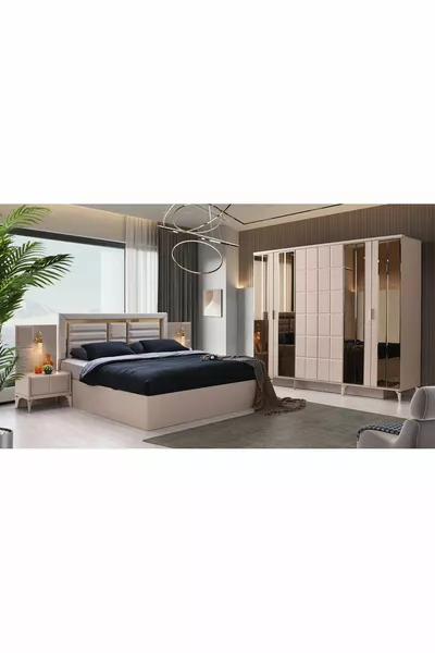 Helsinki Bedroom - MDF - Taupe - 6 Doors and Mirror - Without Base - With Slats - Free Delivery and Assembly