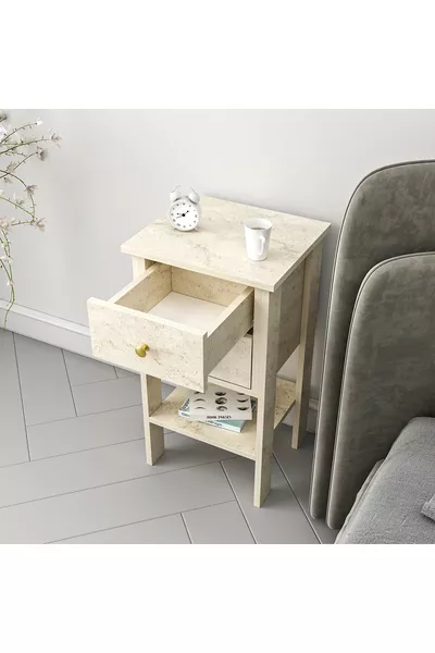 Table de chevet Mandosi à deux tiroirs en travertin