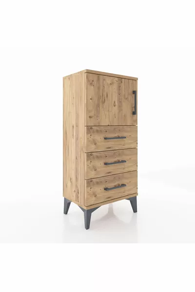 Chevet Arges avec une étagère, 3 tiroirs et une porte, en pin