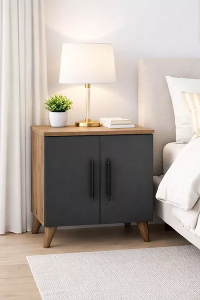 Table de chevet classique Lumen à 2 portes avec étagère, anthracite - Pin