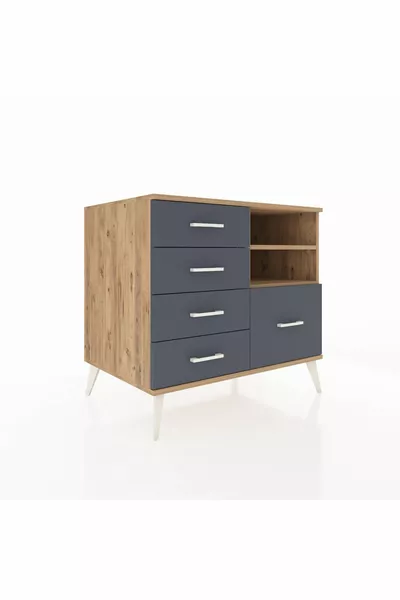 Commode Kronos 2 étagères 5 tiroirs Pin-Pin/Anthracite