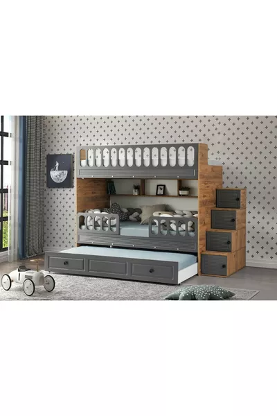 Letto a castello con sponde a persiana, supporto in acciaio, rivestimento in membrana, 100% MDF
