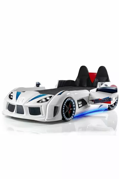Kinderzimmer - Autobet mit Audi-Sitz, Sports 3-türiger Schrank, Tisch, Kommode - Weiß