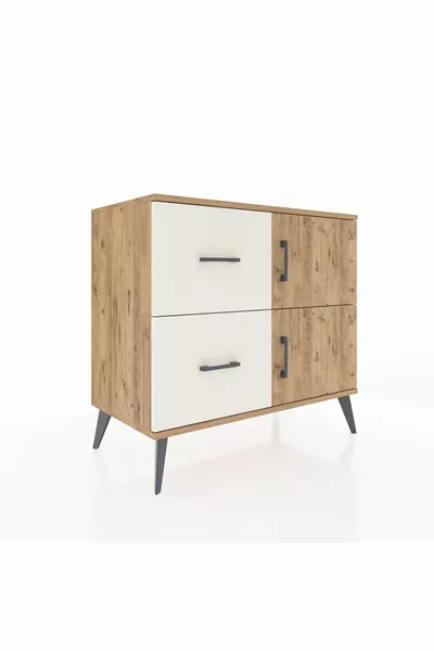 Commode Hyperion avec une seule étagère, 2 tiroirs et 2 portes, Pin-Pin / Pierre de bois